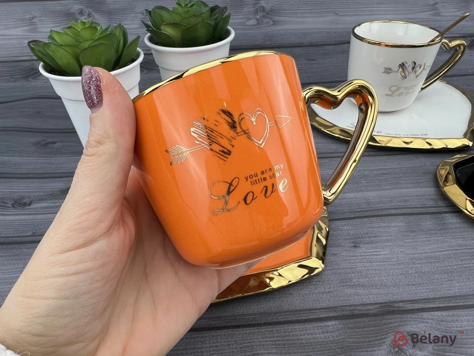 Керамічна чашка з блюдцем "Deep Gold heart" оранж | 2
