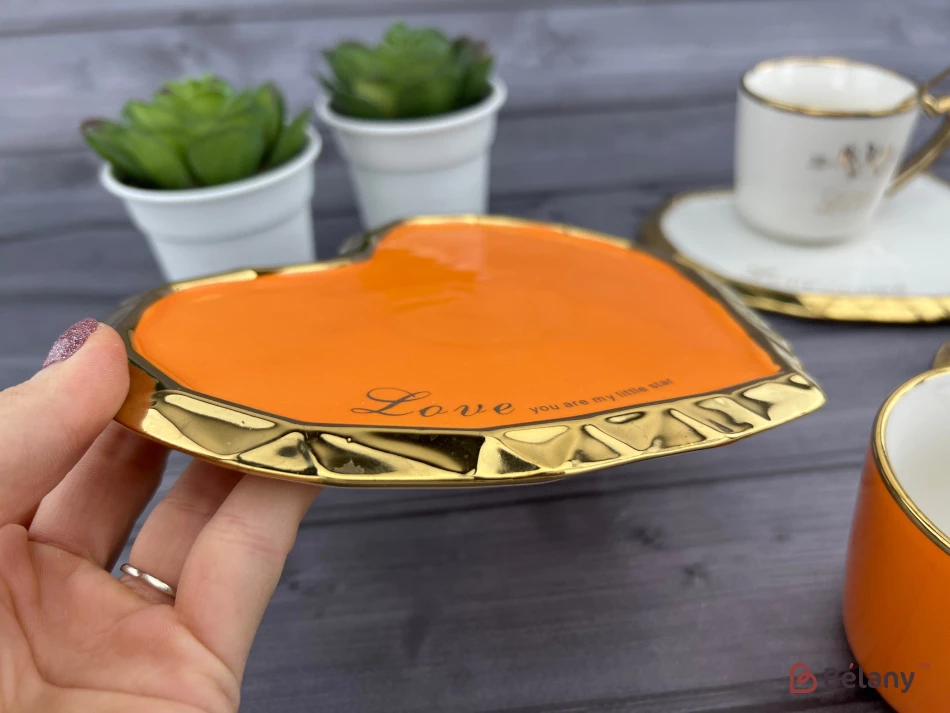 Керамічна чашка з блюдцем "Deep Gold heart" оранж | 3