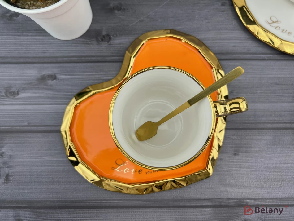 Керамічна чашка з блюдцем "Deep Gold heart" оранж | 5