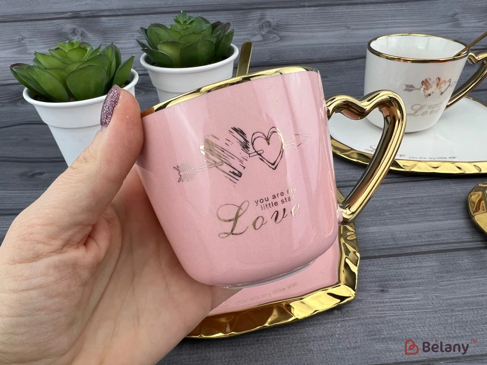 Керамическая чашка с блюдцем "Deep Gold heart" розовая | 2