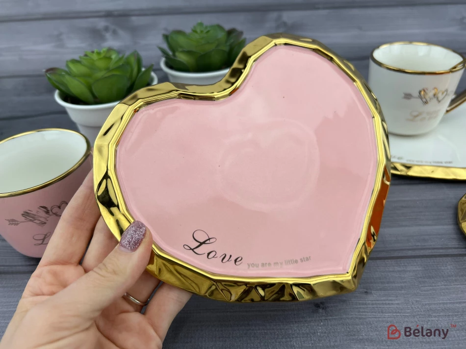 Керамическая чашка с блюдцем "Deep Gold heart" розовая | 5
