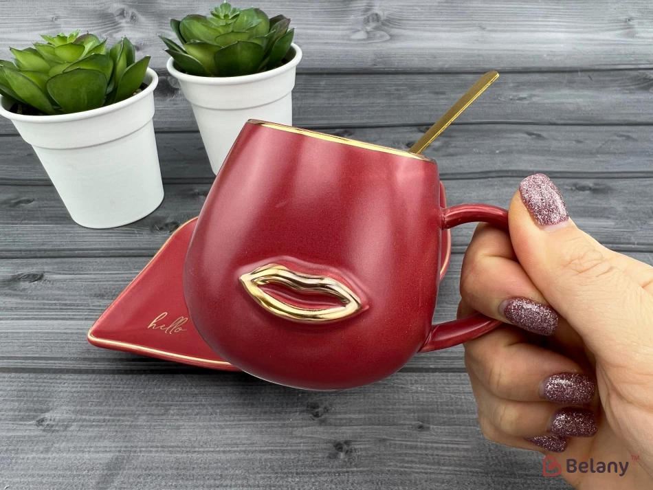 Керамическая чашка с блюдцем "Sweet Lips" красная | 2