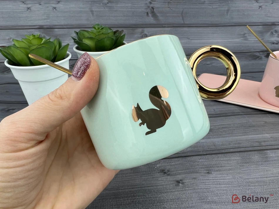 Керамічна чашка із блюдцем "Animals" м'ятна | 2