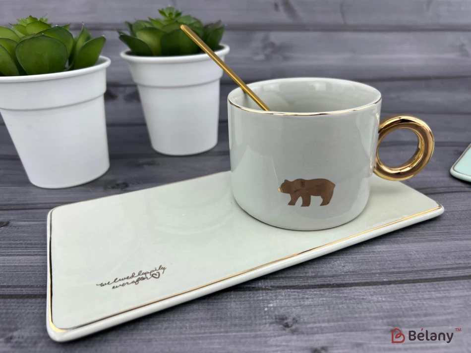 Керамічна чашка із блюдцем "Animals" сіра