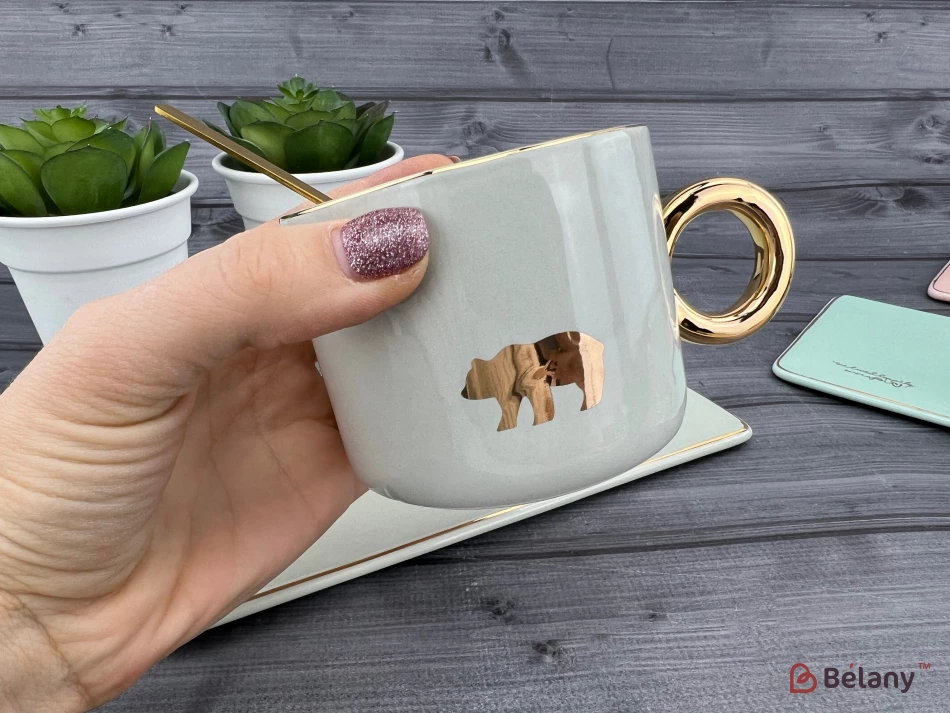Керамічна чашка із блюдцем "Animals" сіра | 2