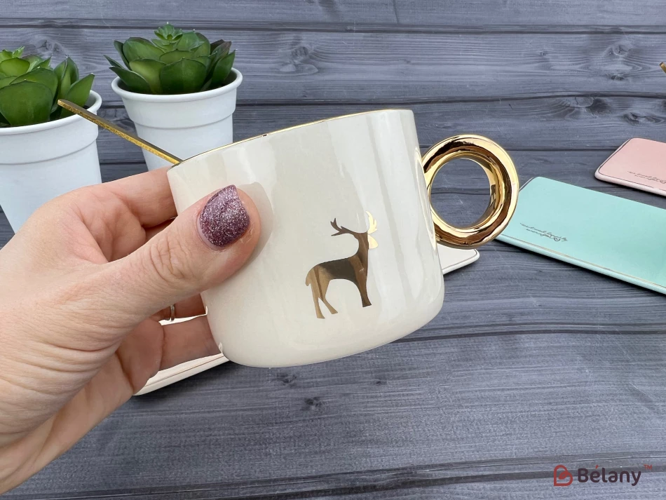 Керамічна чашка із блюдцем "Animals" кремова | 2