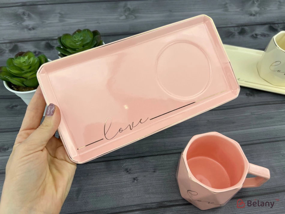 Керамічна чашка з блюдцем "Love it" рожева | 5