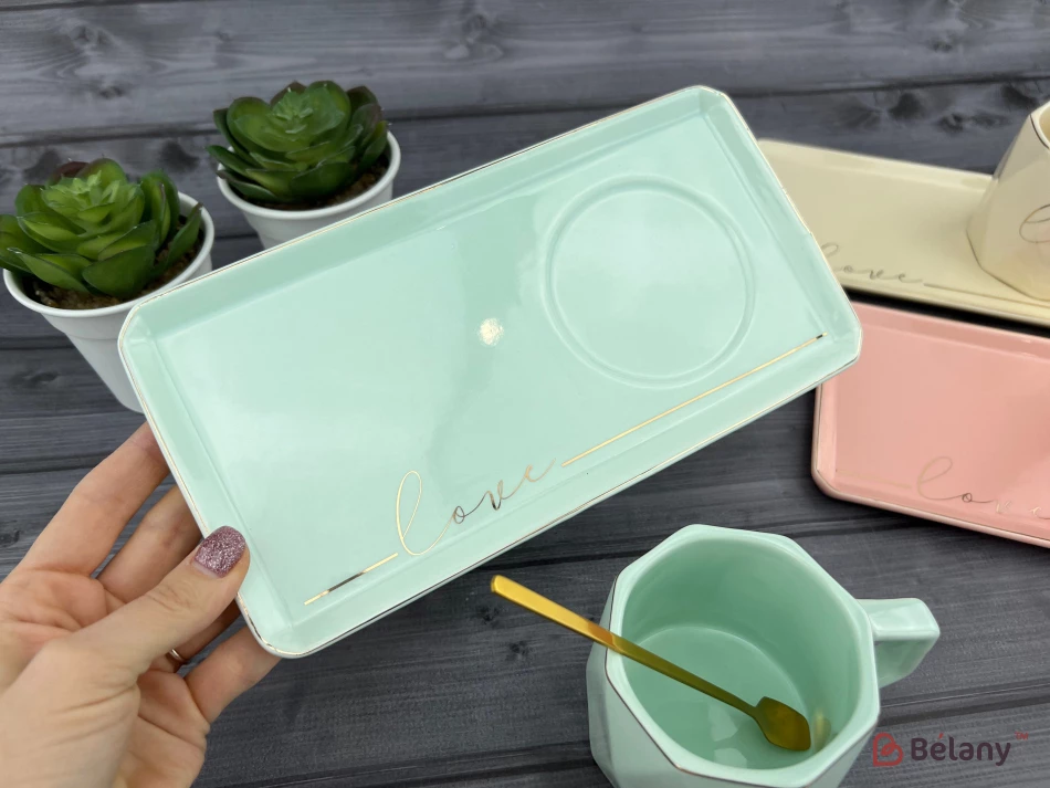 Керамічна чашка із блюдцем "Love it" блакитна | 4