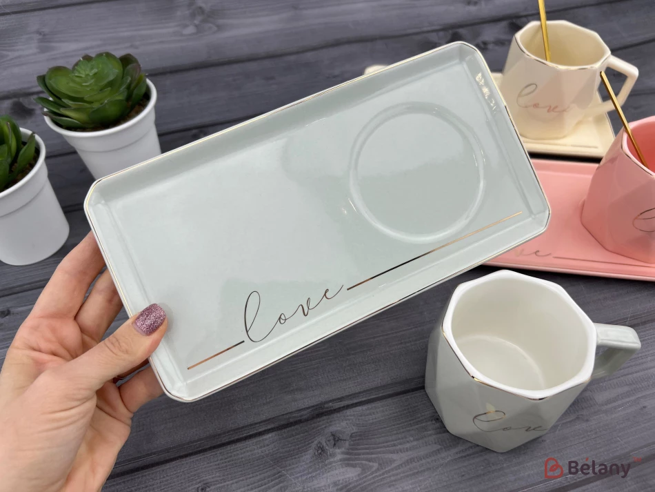 Керамическая чашка с блюдцем "Love it" серая | 4