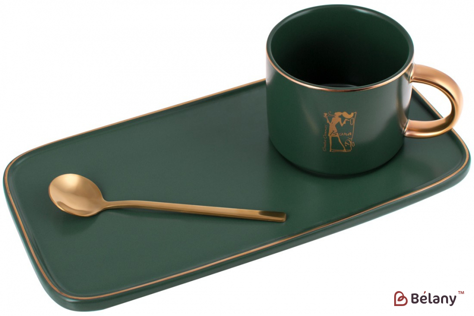 Фарфоровый набор (чашка, блюдо-тарелка, золотая ложка) 200 мл "Moderation",зеленый с принтом