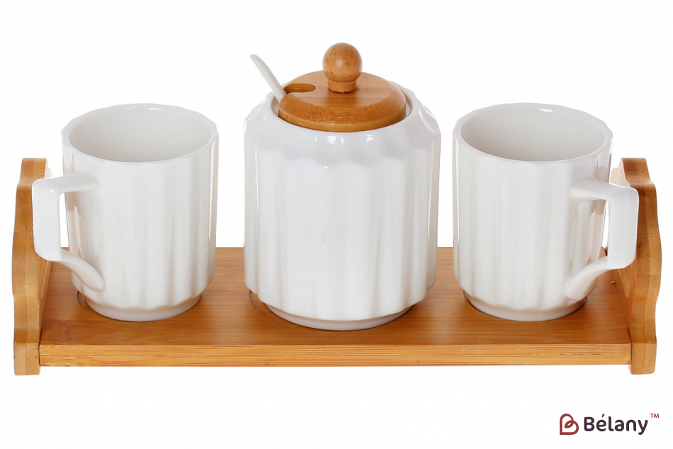 Фарфоровый кофейный набор (2 чашки 160 мл, сахарница 300 мл )  "Naturelle" на бамбуковой подставке