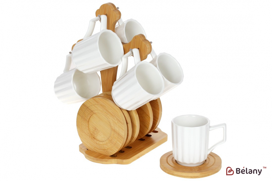 Порцеляновий кавовий набір (6 чашок 160 мл, 6 дерев'яних підставок) "Naturelle" на бамбуковій підставці
