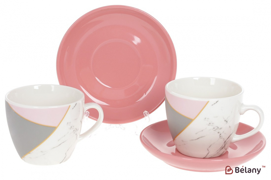 Порцеляновий кавовий набір 240 мл (2 чашки з блюдцями) "Marble" білий з рожевим
