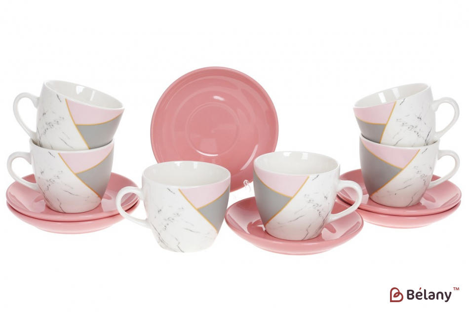 Порцеляновий кавовий набір 240 мл (6 чашок з блюдцями) "Marble" білий з рожевим