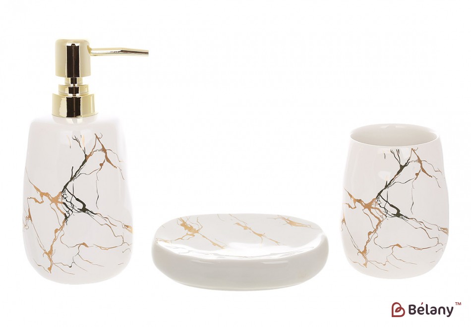Набор для ванной (3 предмета): дозатор, стакан, мыльница, дизайн – белый мрамор с золотом