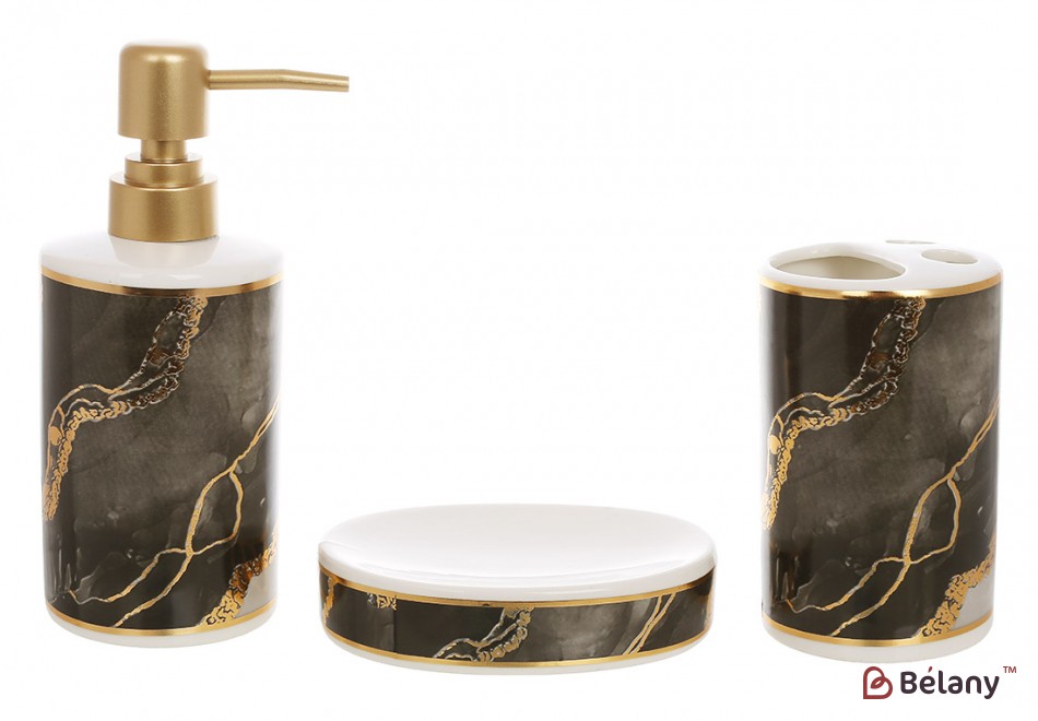 Набір для ванної (3 предмети): дозатор, склянка, мильниця, дизайн - чорний мармур із золотом