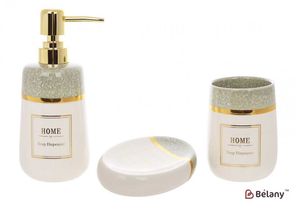 Набор для ванной Home (3 предмета): дозатор, стакан, мыльница, цвет – белый с зеленым