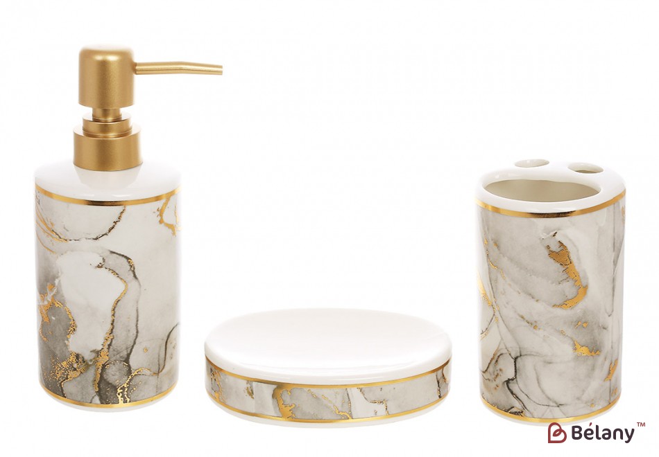 Набор для ванной (3 предмета): дозатор, стакан, мыльница, дизайн – серый мрамор с золотом.