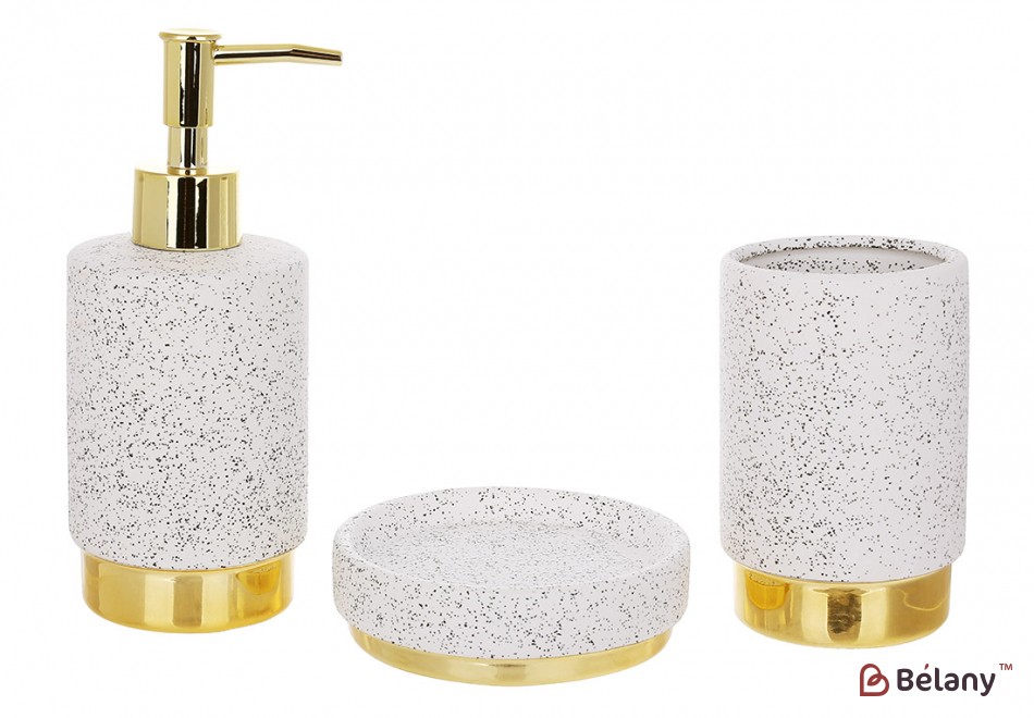 Набір для ванної (3 предмети): дозатор 350мл, склянка, мильниця, дизайн - білий граніт із золотом