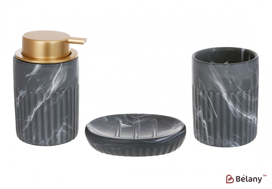 Набор для ванной (3 предмета): дозатор 350мл, стакан, мыльница, дизайн - серый мрамор