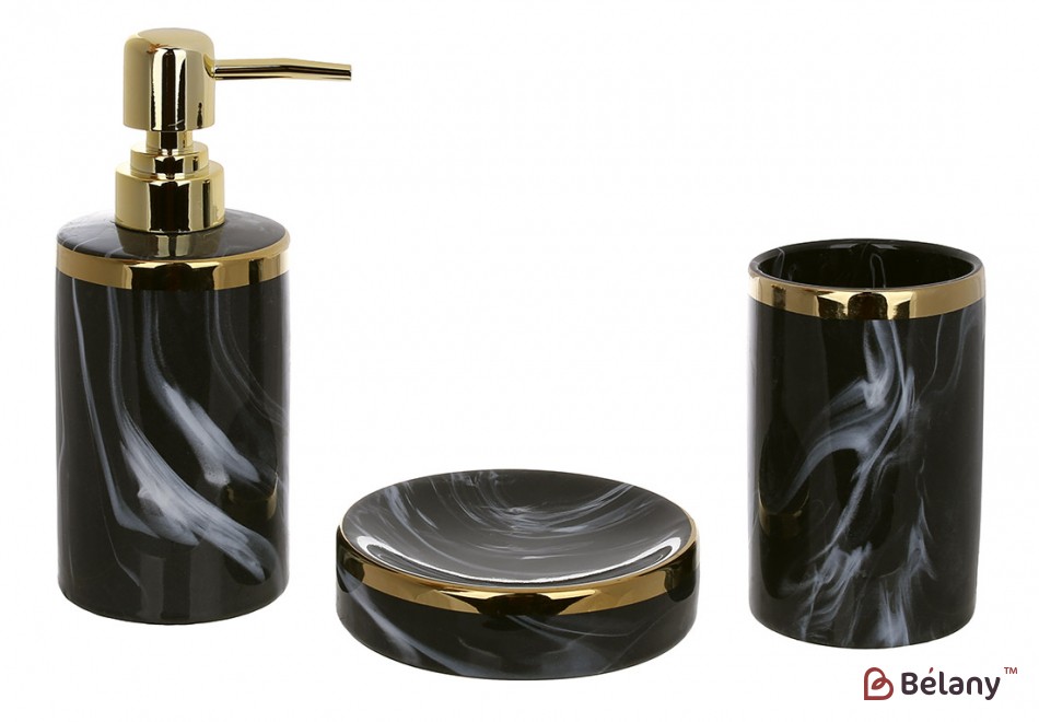 Набор для ванной (3 предмета): дозатор 350мл, стакан, мыльница, дизайн - черный мрамор с золотом
