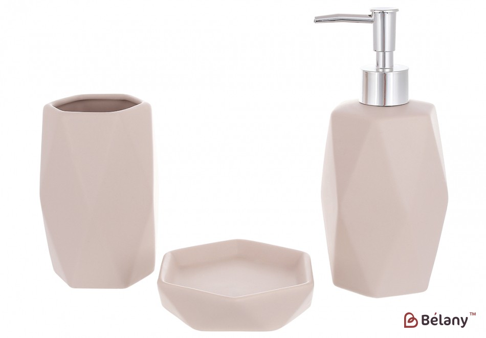 Набор для ванной комнаты (3 предмета) дозатор для мыла, стакан для зубных щеток и мыльница, дизайн - бежевый мокко