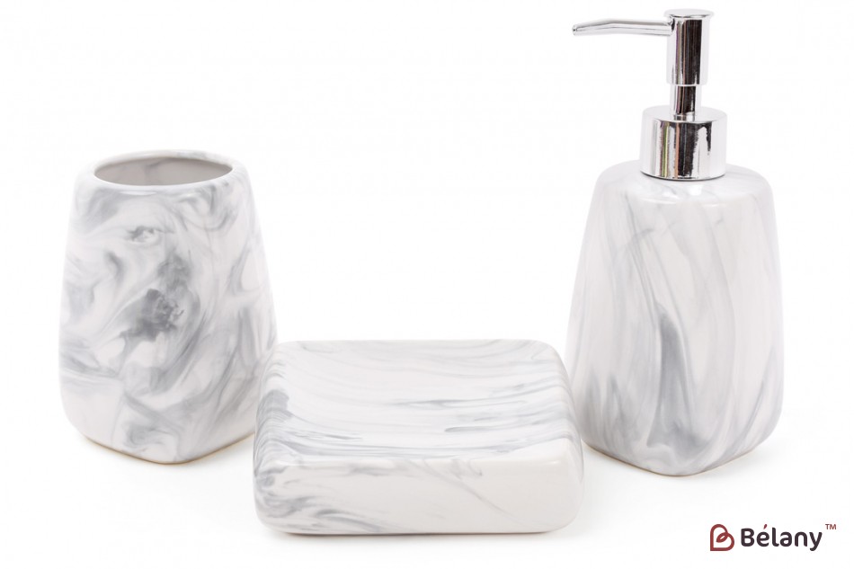 Набор для ванной (3 предмета): дозатор 425мл, стакан, мыльница, дизайн - белый мрамор