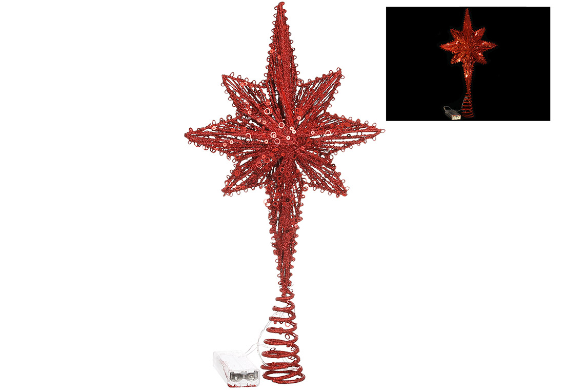 Верхівка на ялинку з підсвічуванням Зірка (10 LED лампочок від батарейок 2AA), 40см, колір - червоний