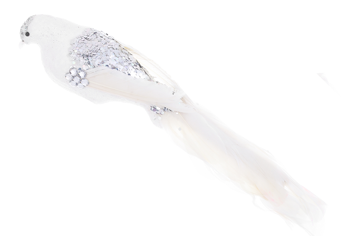 Декоративний птах на кліпсі 35см, колір - білий