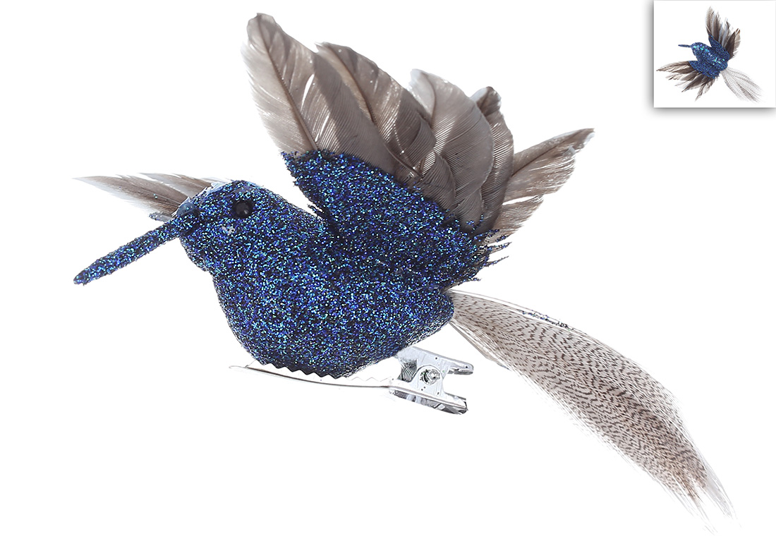 Декоративний птах на кліпсі Колібрі 11,5 см, колір - глибокий синій