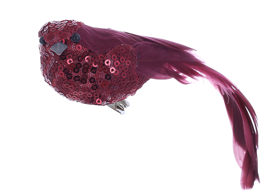 Декоративний птах на кліпсі 14см, колір -бордо