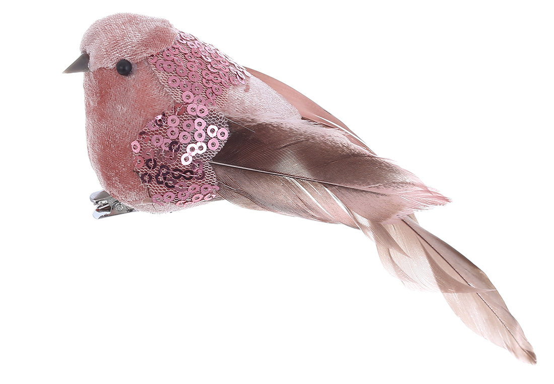 Декоративний птах на кліпсі 16см з декором з паєток, колір - рожевий