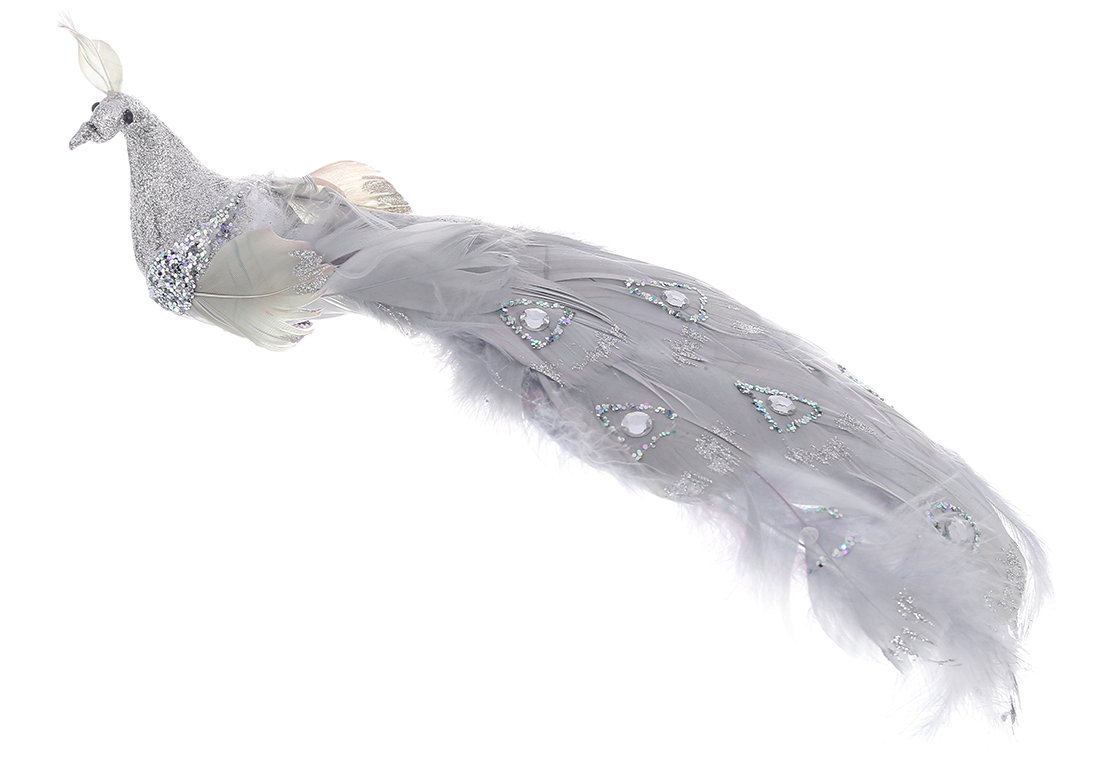 Декоративний Павич на кліпсі 31см, колір - срібло