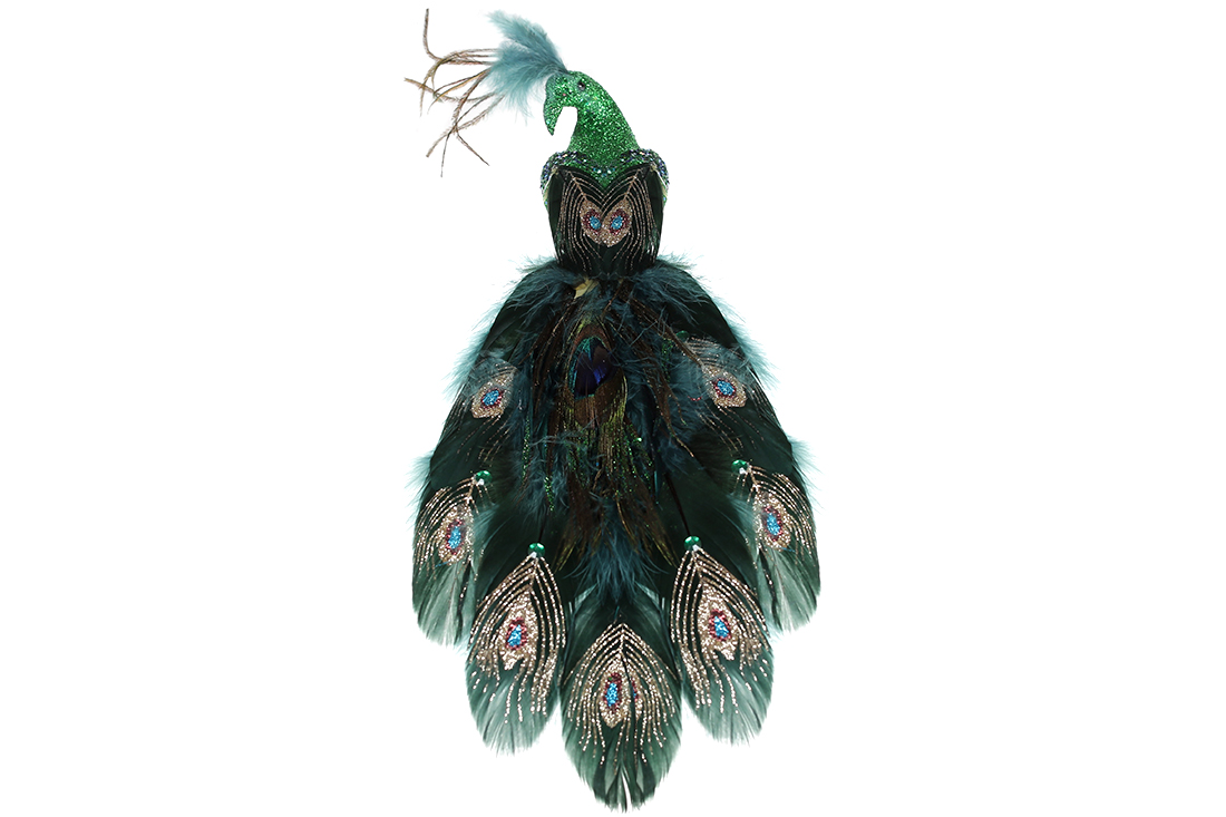 Декоративний Павич на кліпсі 32см, колір - смарагдовий зелений