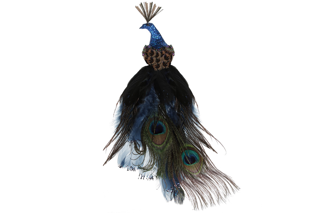 Декоративний Павич на кліпсі 25см, колір - насичений синій