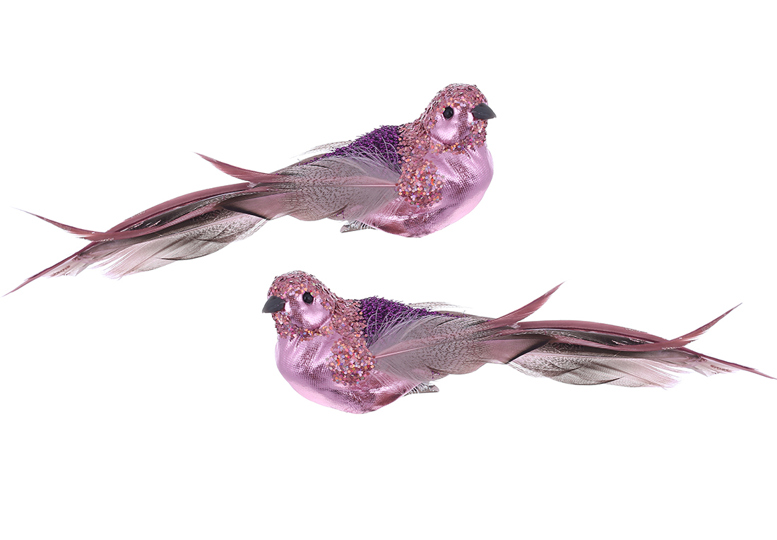 Декоративний птах на кліпсі 21см з декором з гліттера, колір - пурпурний