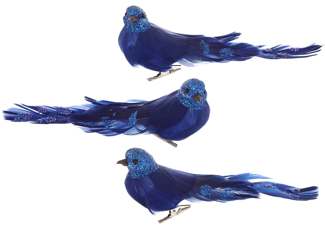 Декоративний птах на кліпсі 18см з декором з бусин та гліттера, 3 дизайни, колір - блюмарин