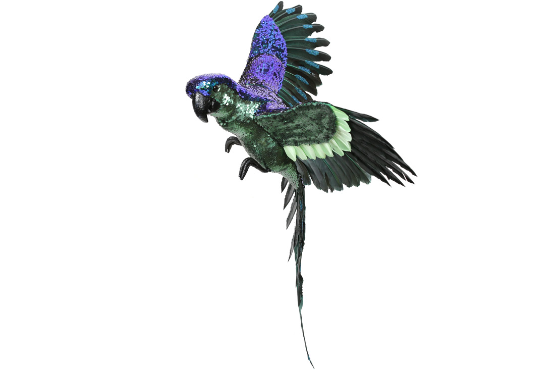 Декор Папуга з паєтками 70см, колір - синьо-зелений