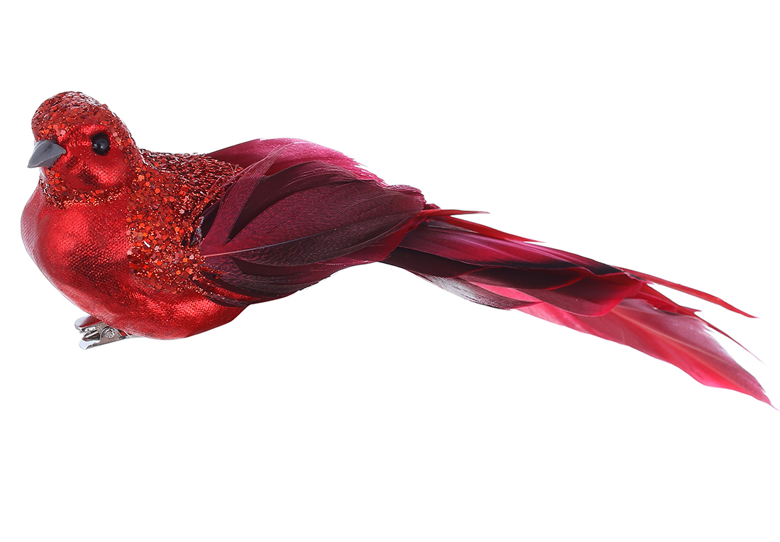 Декоративний птах на кліпсі 21см, колір - червоний