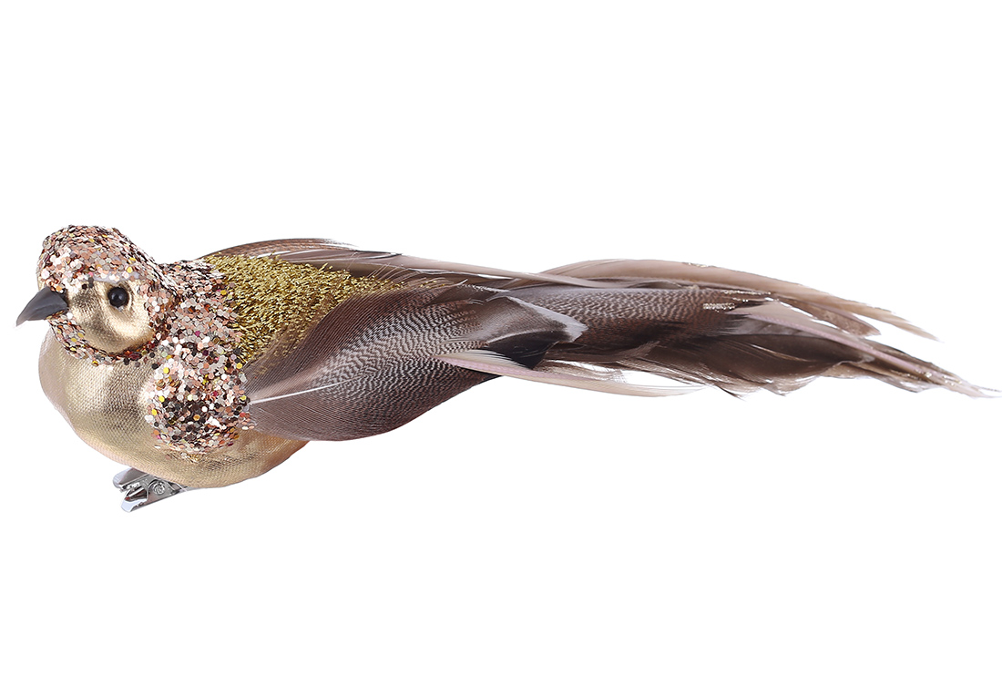 Декоративний птах на кліпсі 21см, колір - золото