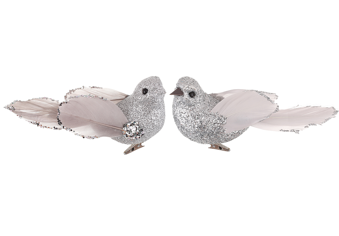 Декоративний птах на кліпсі 10см, 2 дизайни, колір - сріблясто-сірий