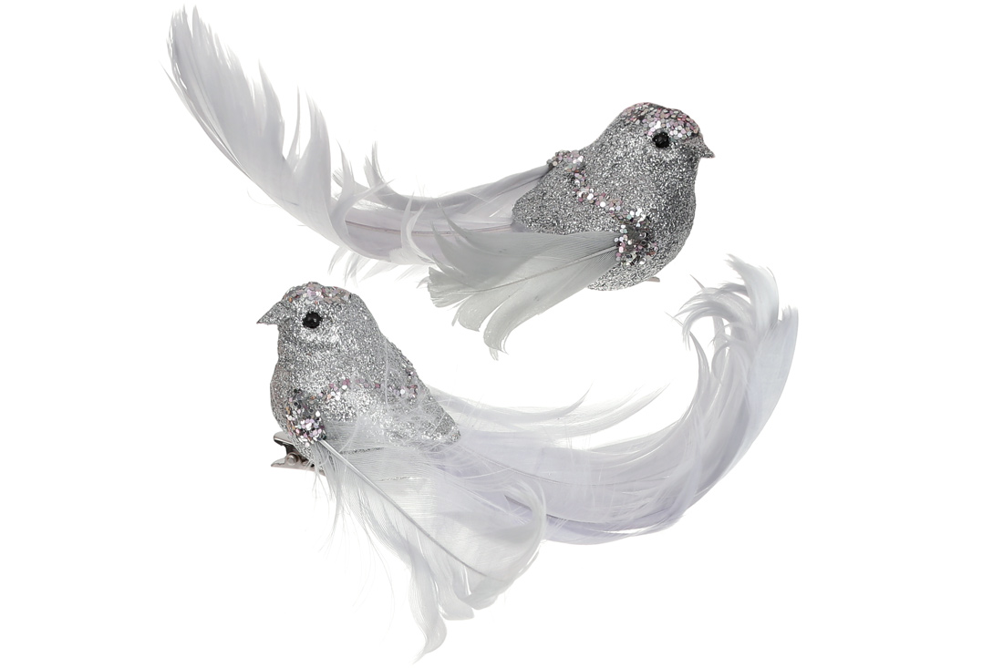 Декоративний птах на кліпсі 12.5см, 2 дизайни, колір - срібло
