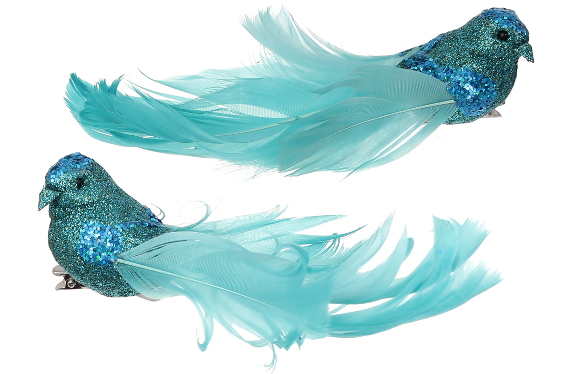 Декоративний птах на кліпсі 12.5см, 2 дизайни, колір - аквамарин