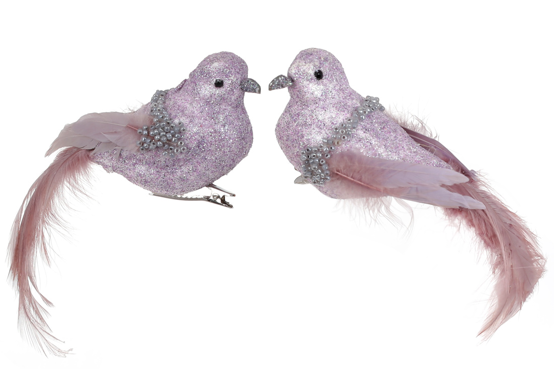 Декоративний птах на кліпсі 18см, 2 дизайни, колір - лавандовий з сірим
