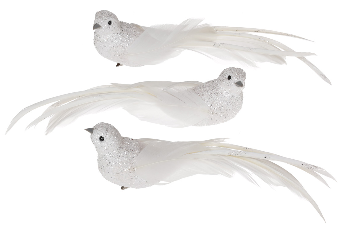 Декоративний птах на кліпсі 22см, 3 дизайни, колір - білий