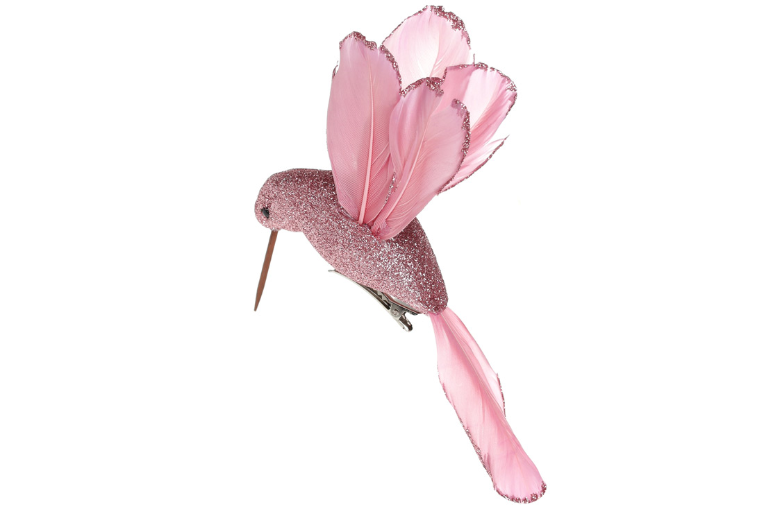 Декоративний птах на кліпсі Колібрі 12см, колір - рожевий