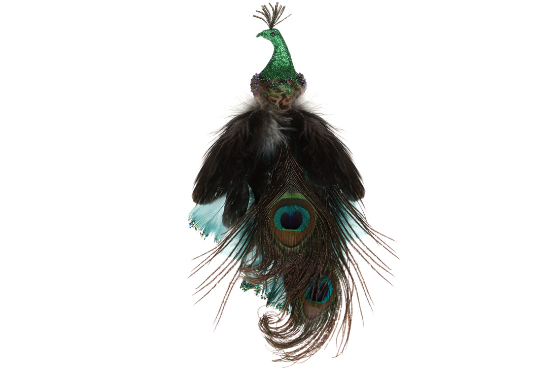 Декоративний Павич на кліпсі 25см, колір - смарагдовий зелений