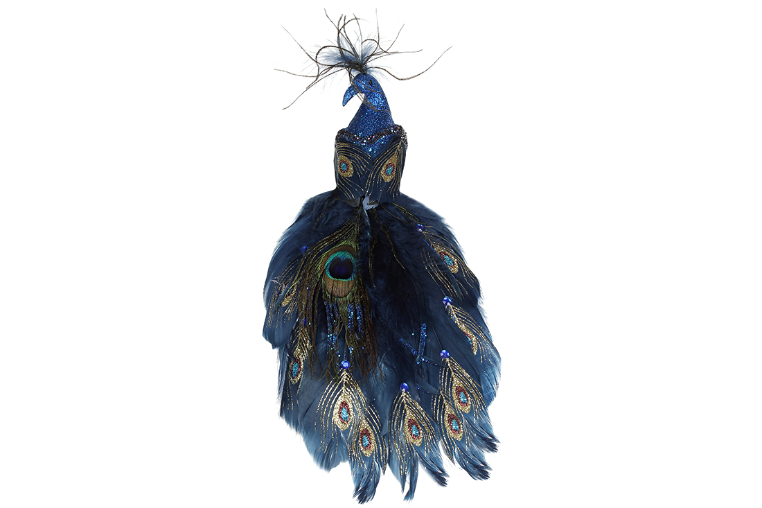 Декоративний Павич на кліпсі 32см, колір - насичений синій