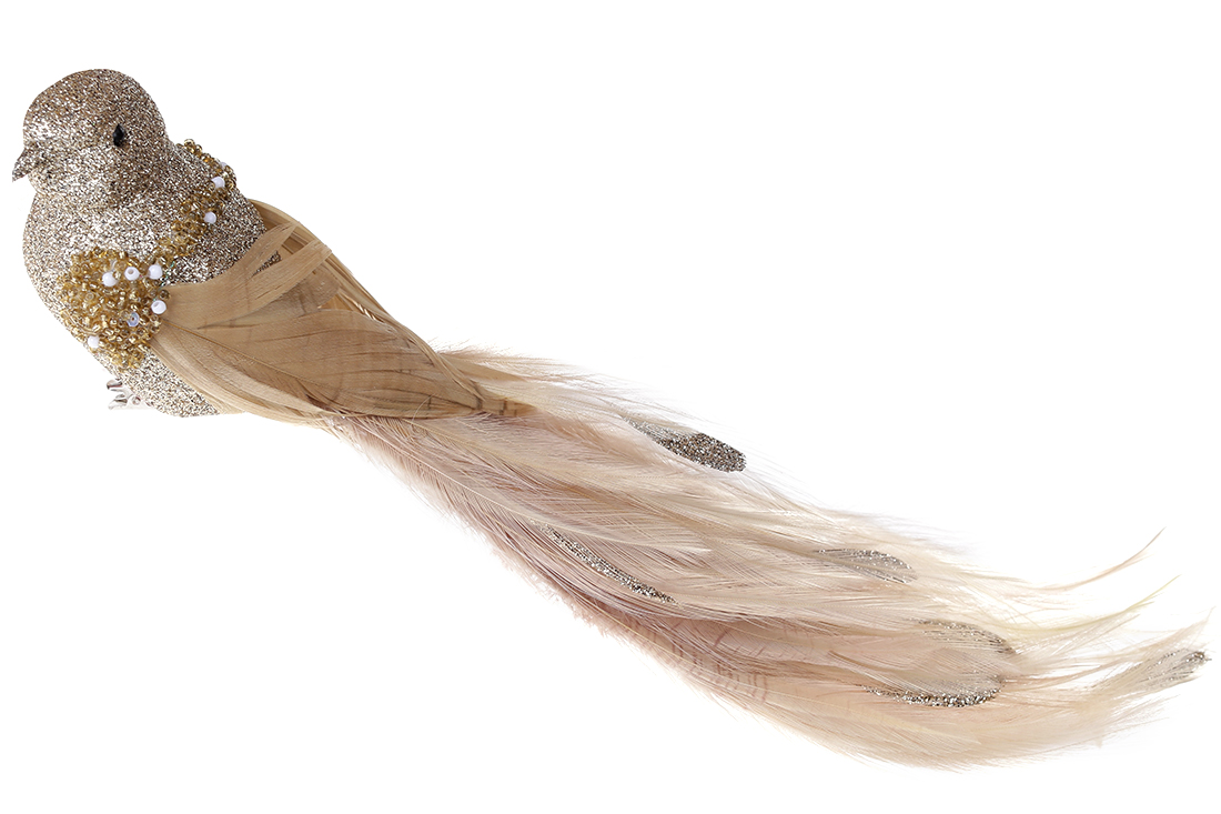 Декоративний птах на кліпсі 29см, колір - крем-шампань