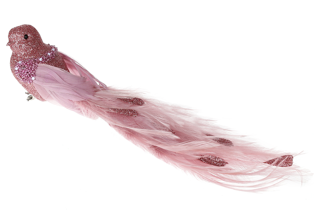 Декоративний птах на кліпсі 29см, колір - рожевий